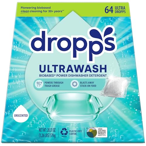 Image of Dropps UltraWash Dishwasher Detergent Pods, Unscented (64 Ct) - Free & Clear | Cuts Grease & Stuck-On Food | Sparkling Dishes & Glasses | Residue-Free | Clean Ingredients | Plastic Free Packaging