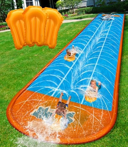 Spring Water Slip and Water Slide for Kids Backyard, 22ft*3 Racing Lanes Slip Water Slides with Sprinkler for Age 5-8 8-12, Summer Outdoor Water Toy with 3 Inflatable Bodyboards