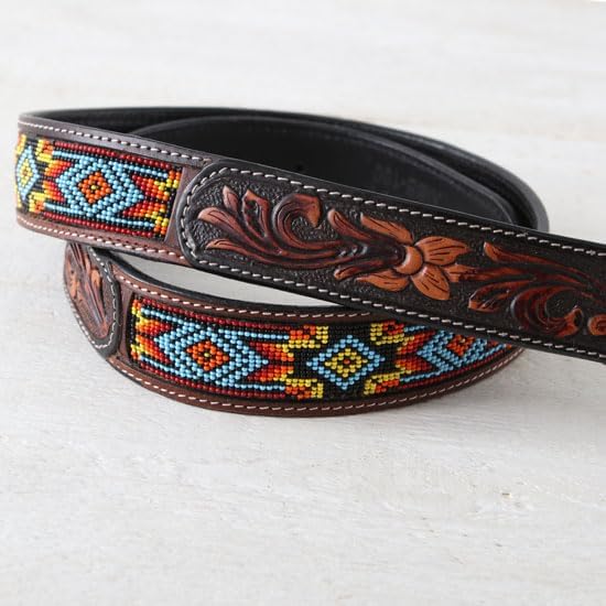 Western Fashion Men's Beaded Floral Tooled Belt - Image 3