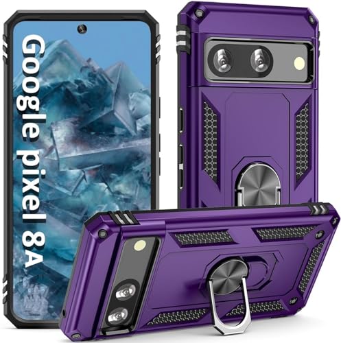 Image of REALCASE Google Pixel 8A Back Cover Case | Heavy Duty PC Hybrid Shock Proof Armor Defender Ring Holder Back Cover Case for Google Pixel 8A 5G (Purple)