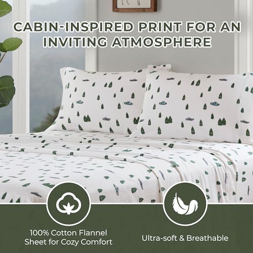 Image of Woolrich Cotton Sheet Set Cottage Charms Print, 100% Cotton Flannel Sheets Warm & Fuzzy Bedding Set Full Size Sheets, Fitted Pocket Fits Up to 12 inch Mattress, Full Green Trees /Trucks 4 Piece