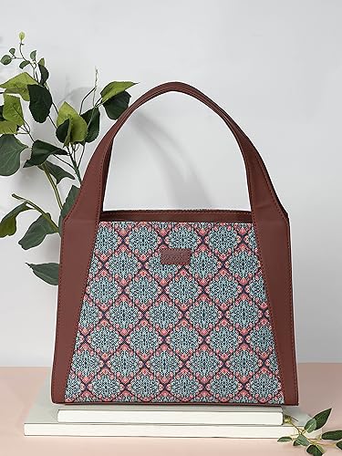 Image of ZOUK Printed Jute Handcrafted Vegan Leather Grey Women's Stylish Tote Bags | Trapezia Tote| Shoulder bag with double handle