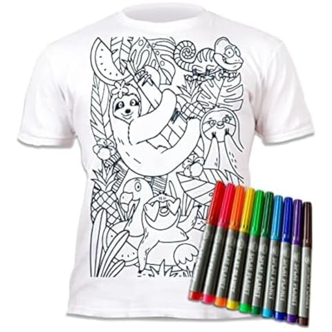 Splat Planet Color-in Sloth Jungle T-Shirt with 10 Non-Toxic Washable Magic Pens - Color in and Wash Out T-Shirt (9-11 Years) White Cover