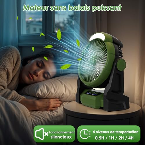 GuKKK Ventilateur Camping, Ventilateur Portable Rechargeable 15000mAh, Ventilateur Puissant avec Lumière LED et Crochet, Timer, 3 Vitesse Ventilateur de Bureau pour Exterieur Maison Camping Car – Image 5