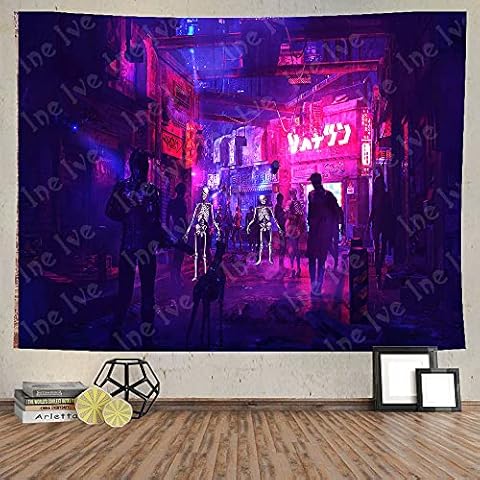 Ine Ive Neon City Street Tapestry Fantasy Skull Robot Wall Decor Retro Digital Night Scene Wall Hanging Flannel Living Room Dormitory Bedroom Decoration Tapestry (colour1#, 80*60in) Cover