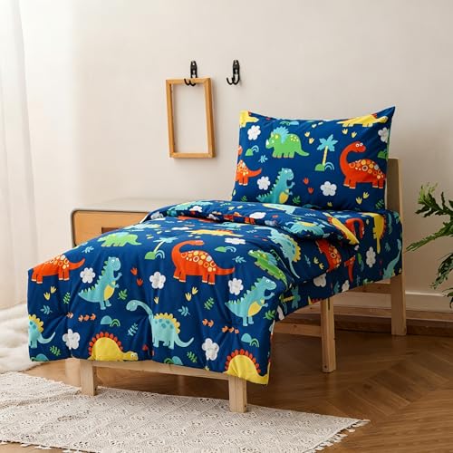 Image of Wellboo Cartoon Toddler Bedding Sets for Girls Boys Dinosaur Green 4 Pieces Soft Crib Bed Set Including Comforter, Sheets and Pillowcase Kids Soft Cute Animals Blue Quilt Warm