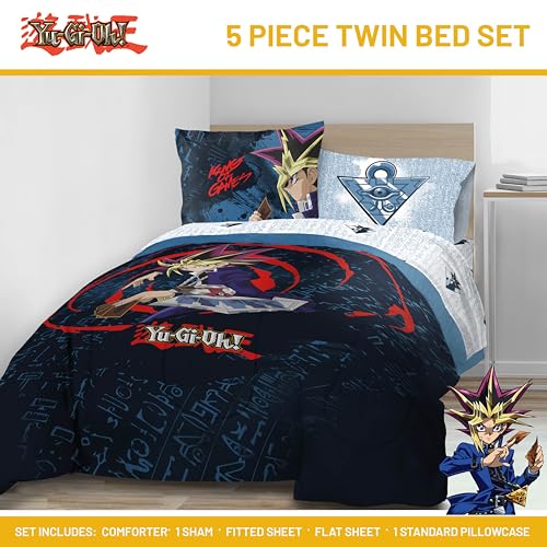Image of Jay Franco Yu-Gi-Oh Twin Comforter Set 5 Piece Soft Anime Bedding, Blue | Bed in a Bag, Comforter Sheets Sham Pillowcase, Official Product, Soft Microfiber, Machine Washable, Easy Care, Kids Gift