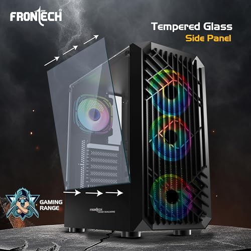Image of Frontech War Machine Mid-Tower Gaming Computer Cabinet - Tempered Glass, Pre-Installed 4x120 mm ARGB Fans, Washable Dust Filters, Top I /O Panel (USB 3.0, 2xUSB 2.0 & Audio), ATX /mATX (FT-4349)