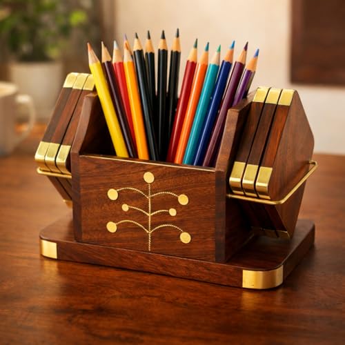 Premium Wooden Stationery Desk Organizer Set with 4 Coasters | Handcrafted Pen Stand & Business Card Holder with Elegant Brass Work | Luxury Office Table Accessories & Gift Item (Brown & Gold)