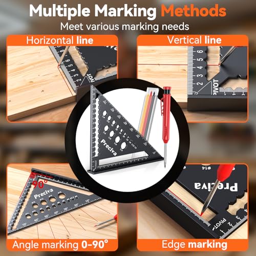Preciva Zimmermannswinkel Set, Multifunktional Anschlagwinkel Metall Aluminium Lineal Winkelführung 18cm Schreinerwinkel Tischlerwinkel Winkelmesser + Tieflochmarker Anreißen & Zeichnen