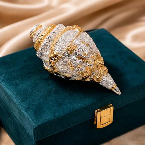 Image of CraftVatika 999 Pure Silver Plated & 24K Gold Plated Ganesh Shankh with Velvet Gift Box, 4.7 Inch Ganesha Shankh for Fengshui Vastu Gifts, Wedding Anniversary House Warming Gifts New Home Decor Items