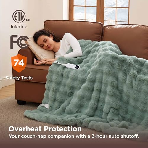 Image of Bedsure Fluffy Bubble Faux Fur Heated Blanket Throw - Super Soft Electric Blanket, Heating with 6 Heating Levels, 4 Time Settings, 3-Hour Auto-Off, Decor Gifts for Home, Green, 50x60 inches