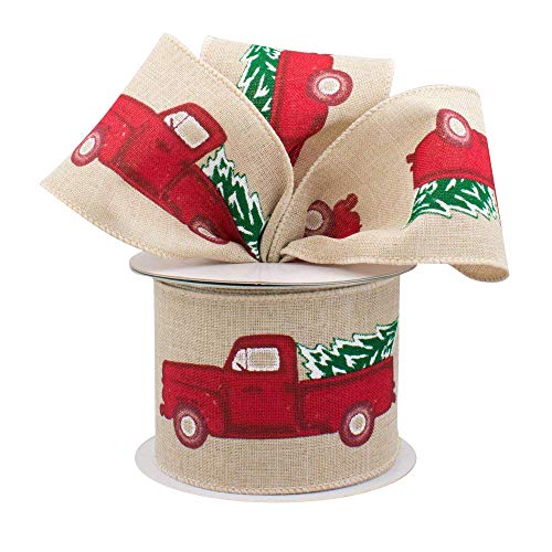 Image of Pickup Truck Wired Christmas Ribbon - 2 1 /2 inch x 10 Yards, Natural Faux Burlap, Red Truck with Christmas Tree, Decor for Wreaths, Garlands, Swags, Bows, Boxing Day, Winter