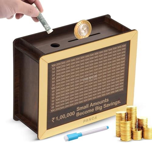 Image of PANCA Money Saving Box Wooden for Kids & Adults | Piggy Bank with Lock | Big Size 1 Lakh-2 Lakh Target Saving Box with Numbers | Undiyal Hundi for Home