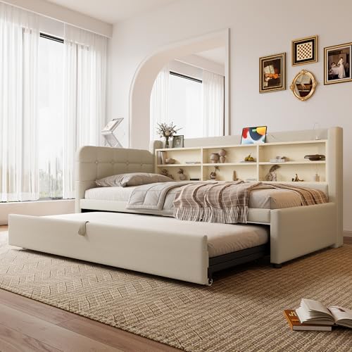 NADEUSAK Daybett,90x200cm(180x200cm) Tagesbett,Schlafsofa,Schlafsofa,multifunktionales ausziehbett-Design mehrStellflächen,Bett mit Lamrost (ohne Matratze),Leinen,(Beige1)