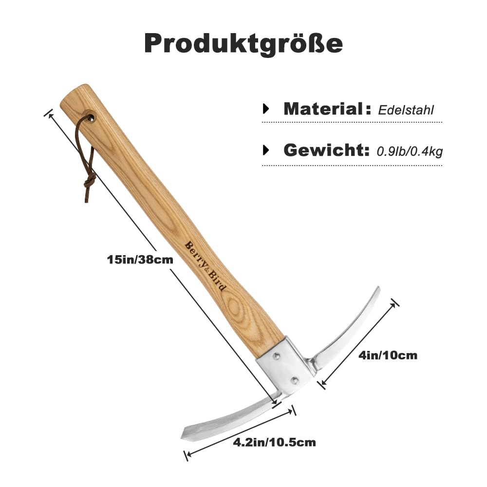 Berry&Bird Gartenhacke Pickel Hoe, Edelstahl-Spitzhacke, Hacke mit Holzgriff, Robustes Handhacke zum Umpflanzen, Graben, Pflanzen, Auflockern von Erde, Spitzhacken für Gartenarbeit, Camping