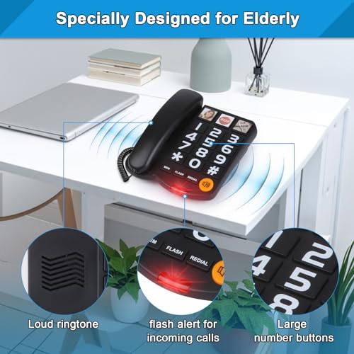 Teléfono fijo para adultos mayores con botones grandes y cable miniatura 5