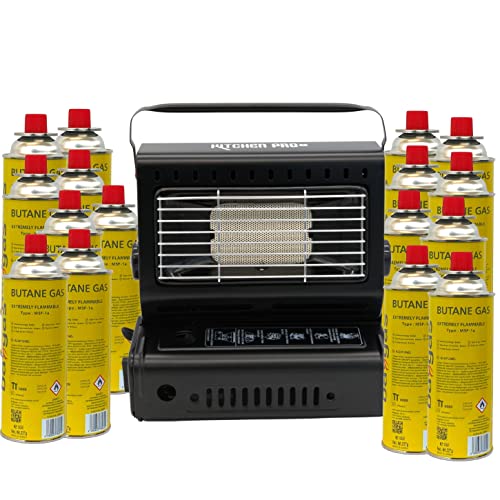Gasheizung Gasstrahler Campingheizung | Tragbare Heizung Gasheizer Keramik Brenner | 1,3 kW Leistung | 108g/h Verbrauch (Gasheizung + 16 Gaskartuschen) Cover