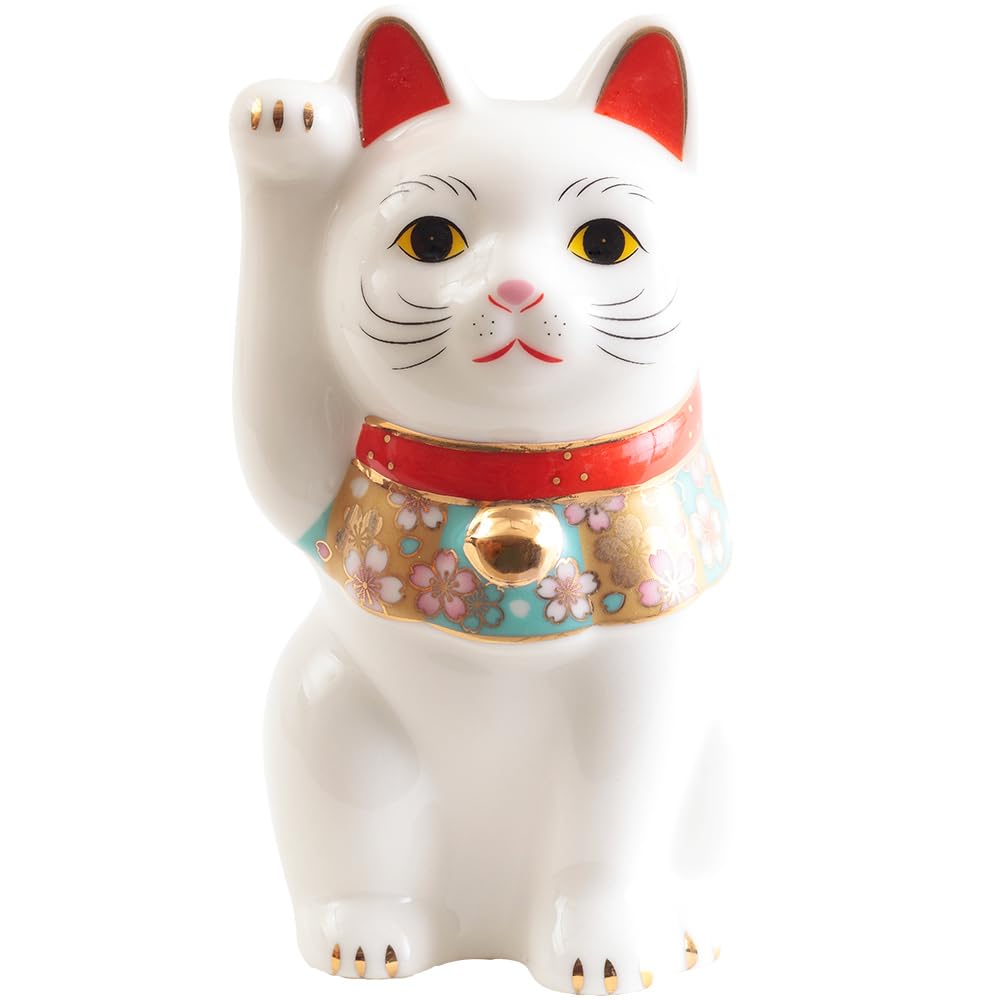 YOSHINOYA KYUBEI Japanese Decor, Lucky cat, Cherry Blossom Pattern, Porcelain, with Box, 7913-Z-US