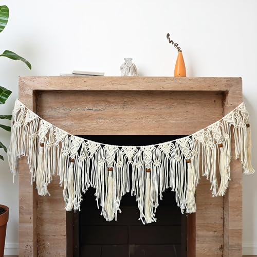 Macravine HOBO Garland Boho Hanging Tassel Handmade Macrame Banner for Fireplace/Birthday Party/Wedding/Window/Doorway/wall/Room/Decoration Handcraft wall Art taperstry 44 X 12 (Beige)