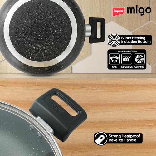 Image of Impex Nonstick Deep Kadai Pan with Glass Lid | Non Stick Aluminium Kadhai | 3 Litre Capacity | Induction and Gas Stove Compatible | Heatproof Handles | PFOA Free | 1 Year Warranty