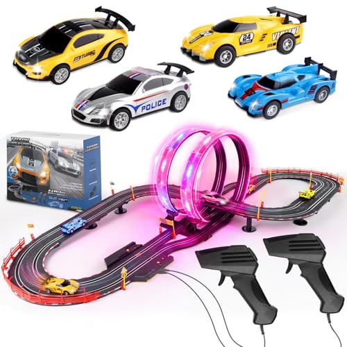 Slot Car Race Track Set, 19ft Electric Track with LED Lights and 4 Slot Cars, 2 Hand Controllers and...