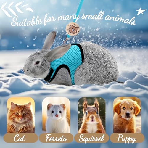 Image of Easter Bunny Costume Rabbit Harness and Leash Set with 2 Cute Decorations Bunny Clothes Adjustable Buckle Breathable Mesh Vest Harness for Rabbits Ferret Small Pig Puppy(Light Blue,Lively Pattern)