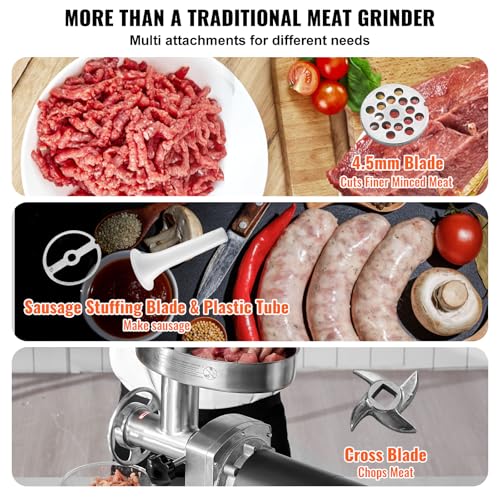 Image of VEVOR Meat Grinder, 0.75 HP 550W, 9 Lbs /Min Electric Meat Grinders with Blade, Grinding Plate, Sausage Maker, Stainless Steel Commercial Meat Mincer for Kitchen Restaurant Butcher Store, ETL Listed