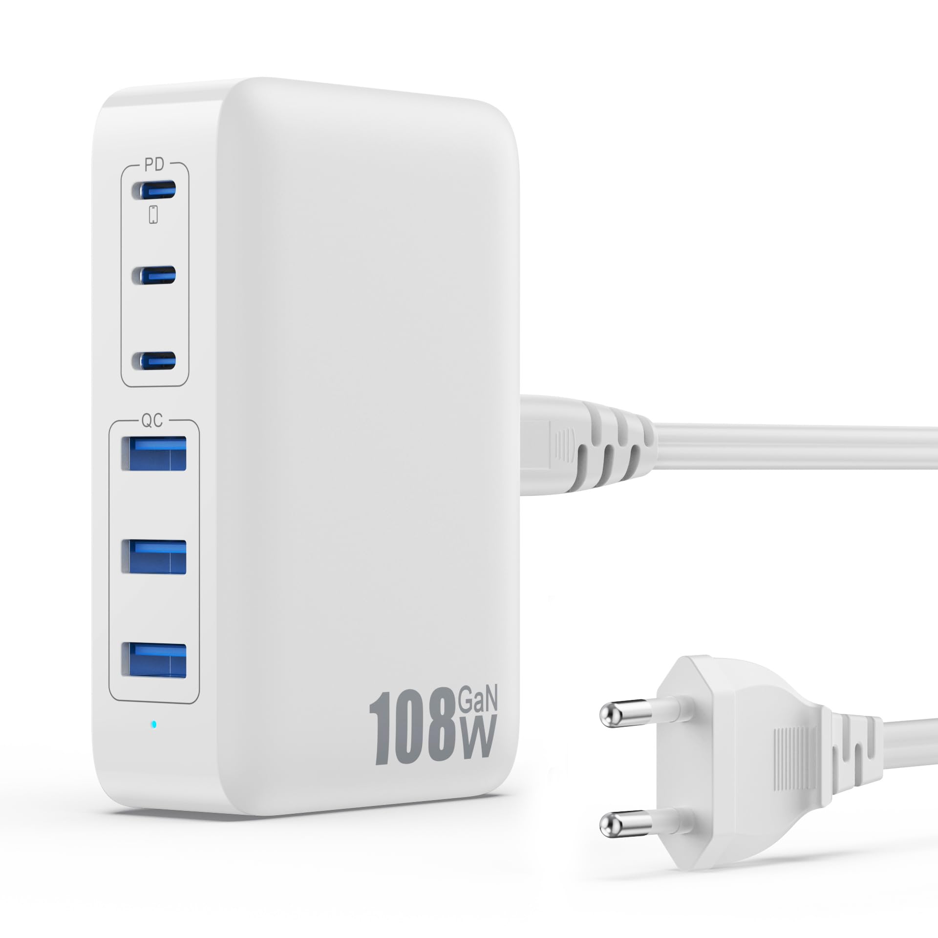 108W Caricatore USB C Multiplo, 6 Porte Alimentatore USB GaN III Stazione di Ricarica Rapida, Caricabatterie Multipla con 3 PD Tipo-C&3 QC Multipresa per iPhone iPad Samsung Huawei Switch ecc