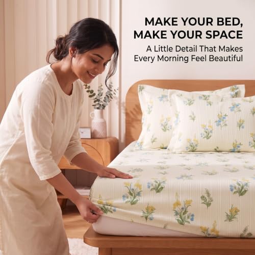 Image of VAS COLLECTIONS 240 TC Premium Fitted Bedsheet, Floral Printed King Size Elastic Deep Pocket Mattress Cover, Soft Breathable Bed Sheet for Bedroom, 72 x 78 + 10 Inches (183 x 198 + 25 cm) - Eucalyptus