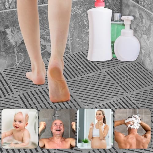 Image of ToLanbbt Modular Interlocking Cushion 12P 11.8 inch x 11.8 inch Interlocking Rubber Floor Drain Holes Non-Slip Splicing Drainage Mats for Deck, Shower, Kitchen, Drain Pool, Sauna Bath (Grey, Diagonal)
