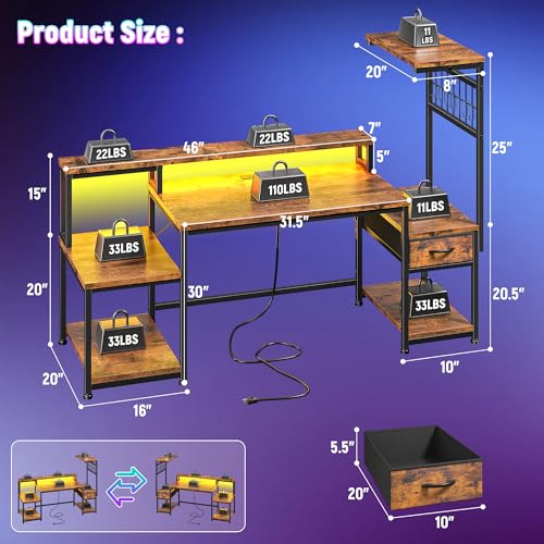 Image of DurayLoly 55 inch Computer Desk with LED Lights & Outlets,Office Desk with Drawers & Monitor Stand,Gaming Desk with 3 Storage Shelves, Hooks& Printer Space for Game&Study Room,Home Office,Bedroom,Brown