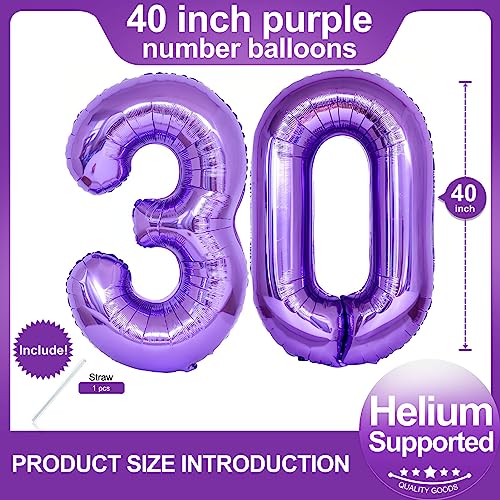 Image of Number 30 Purple Balloons 40 Inch Giant Purple Foil 30 Helium Balloons for 30th Purple Birthday Party Supplies 30th Anniversary Events Decorations