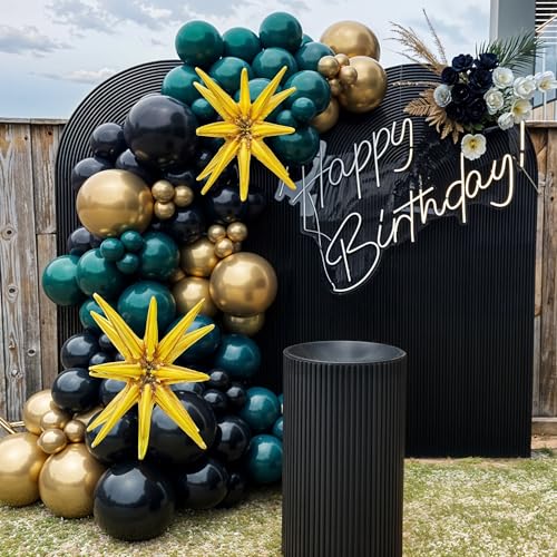 Image of Dark Green and Black Balloon Arch Kit with Explosion Star Balloons, 123pcs Emerald Green and Confetti Gold Balloon Garland for Birthday Anniversary Bachelorette Grad Father's Day Party Decorations