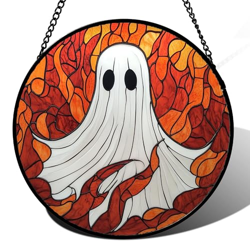 Image of Stained Glass Window Hanging - Halloween Decorations White Ghost Orange Sky Suncatcher for Doors Garden Funny Spooky Sun Catchers Gothic Decor Horror Gifts for Women Men Friend Boy 6.3 in