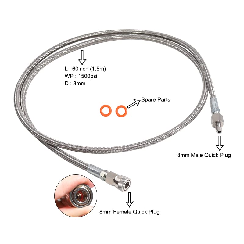 TUXING 4500Psi Pcp Paintball Airsoft Fill Whip Schlauchverlängerung, 60inch 1.5m Edelstahl Air Filling Station Ladesystem mit 8mm männlich und weiblich Qick Stecker