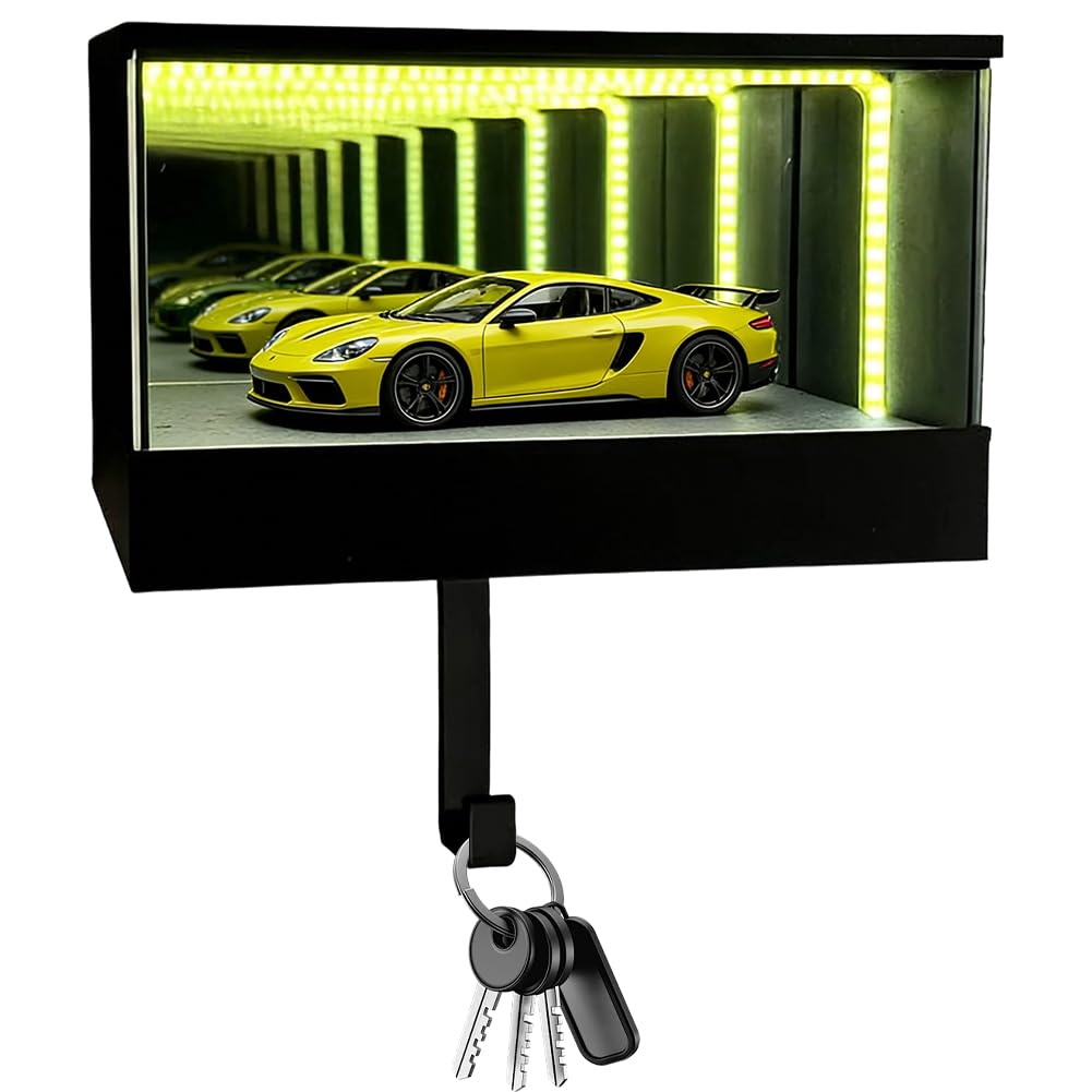 Luminous Infinity Garage Keyring Hanger, Car Key Hanger Wall Mount with LED, Garages Car Key Display with Mirror Depth Illusion, Car Fan Christmas Gifts for Men