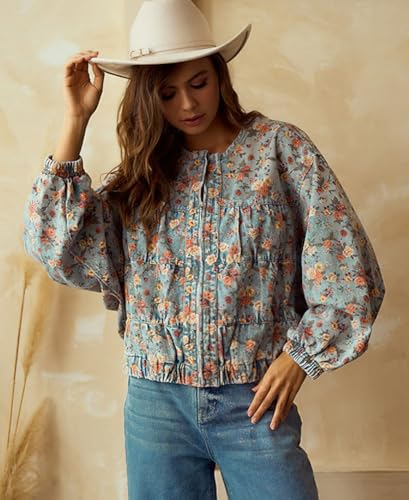 chouyatou Women's 2025 Fall Boyfriend Floral Denim Jacket Spring Y2K Casual Oversized Jean Bomber Jacket3