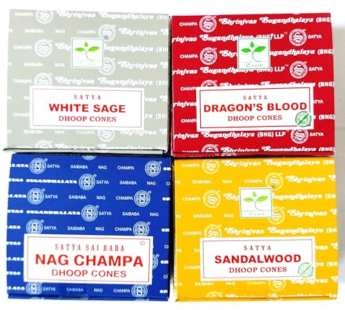 Satya Nag Champa Incense Cones Hot Mix Agarbatti Dragons Blood Sandalwood White Sage 4 Packs of 12 Cones in each box (4 Hot Mix)