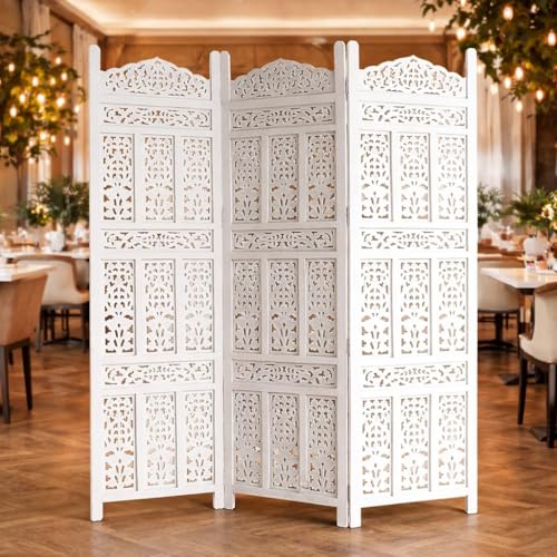 Image of Home & Goods International Wooden Room Divider Partition - Foldable Wood Screen Separator for Living Room, Bedroom, Office, Restaurant || Kangra Badrun Design, White (3 Panel)
