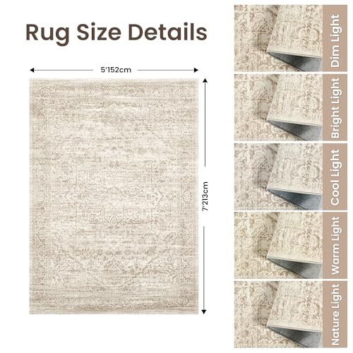 Rugland 5x7 Area Rugs - Stain Resistant Washable Rug, Anti Slip Rugs for Living Room, Vintage Tribal Area Rugs(Distressed Beige, 5'x7')