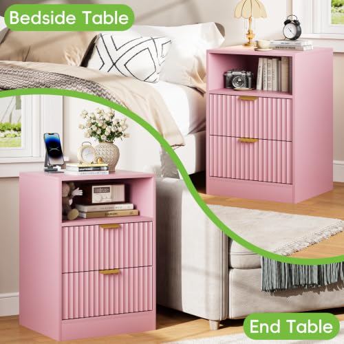 Image of Night Stand Set 2, LED Nightstand with Charging Station, Fluted Nightstands Set of 2 with 2 Drawers, Wood Side Table End & Bedside Tables for Bedroom Sofa Office, Pink