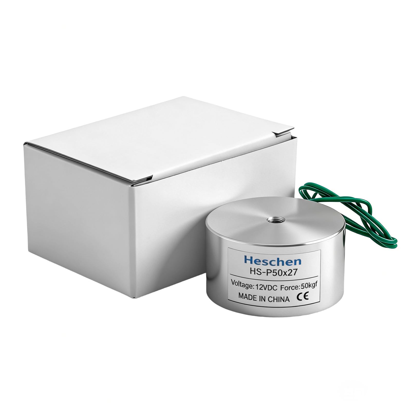 Heschen Électroaimant solénoïde P50/27, 12 V, 50 kg, Argenté, Fer, 50 mm x 50 mm x 27 mm