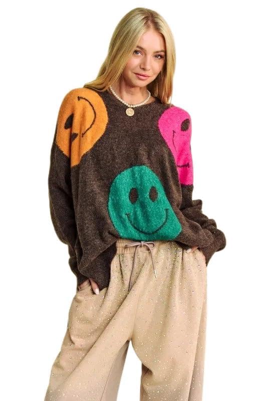 Davi Dani Contrast Smile Round Neck Oversize Sweater Dark Brown S