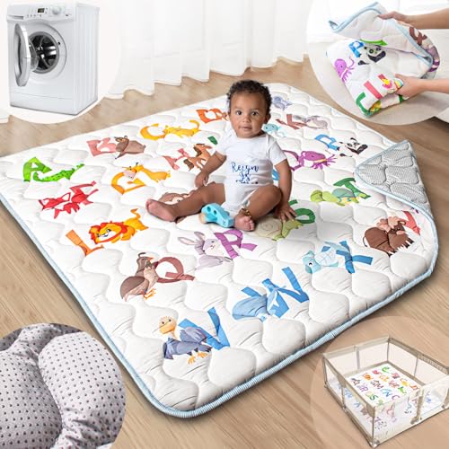 Beavtaens Baby Play Mat 47x47 Mat with Super Soft Touch Activity Mats with Upgraded Anti-Slip Bottom Machine Washable Crawling Playmat for Floor & Picnic(Animal Alphabets)