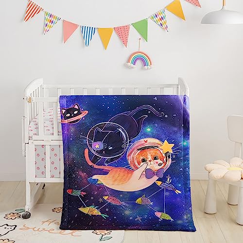 Image of Crib Set, 3-Piece Nursery Bed with Comforter Sheet & Crib Skirt: Galaxy Black, Orange, Cat, Fish Printed - Baby Boys and Girls