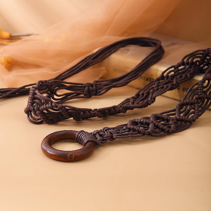 Brown Woven Belt with Ring Clasp Boho Beaded Braided Belt for Women Long Tassel Waist Belts Bohemian Rope Tie Belts for Dress3