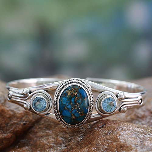 Novica 925 Sterling Silver Cuff Bracelet With Reconstituted Turquoise And Blue Topaz 'Azure Heavens' #TOP3