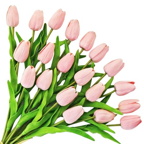 Image of ONLY ART Artificial Light Pink Tulips 20 Pcs - 13.5 Inch PU Faux Flowers with Bendable Stems for Home Decor, Wedding Centerpieces, DIY Floral Arrangements, New Year and Valentine's Day