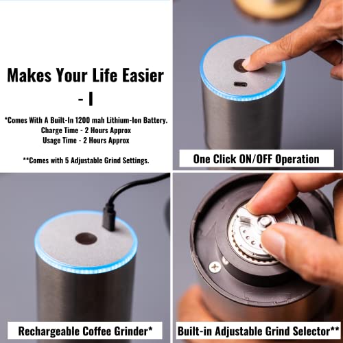 InstaCuppa Rechargeable Coffee Bean Grinder with Stainless Steel Burr Mill, One Click Operation, 5 Adjustable Grind Settings, Airtight Bottom Canister - Image 3